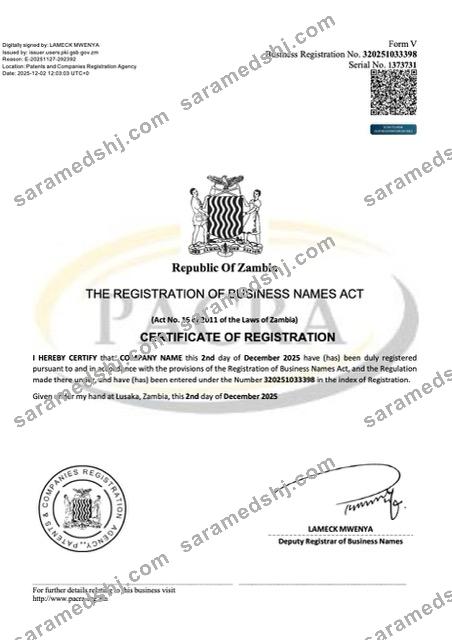 Zambia certificate of business name registration Word and PDF template